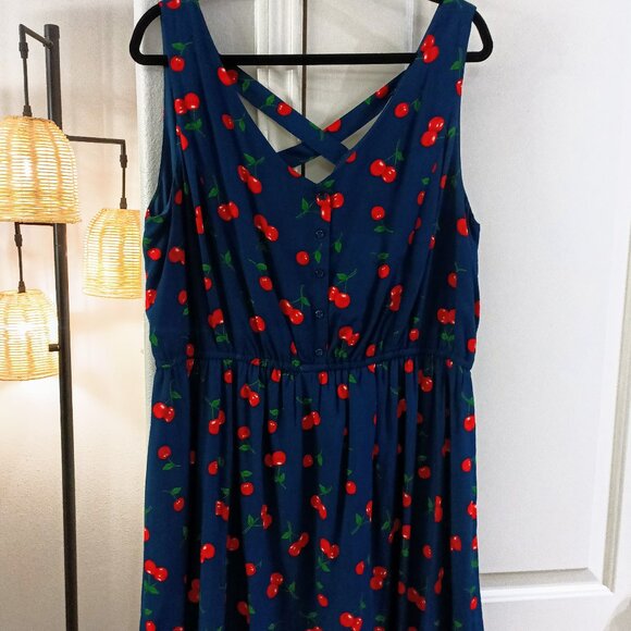 JUST FOUND Navy Blue Dress with Red Cherry Pattern. Plus Size 2X - Picture 1 of 10